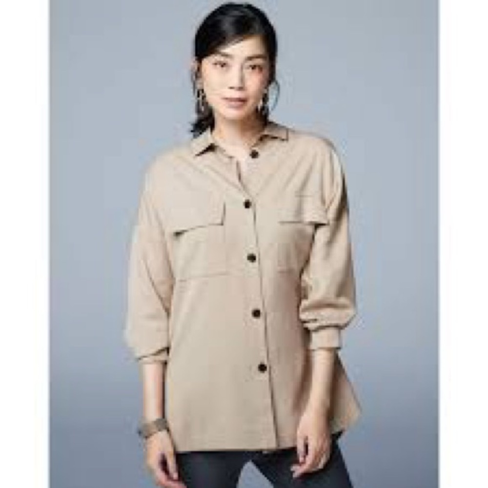 Zara Flowy Overshirt Beige Collared Button Down Utility Jacket Sz M